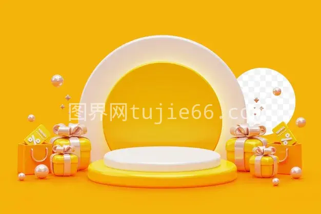 黄色礼品购物袋促销平台3D插画展示台图片