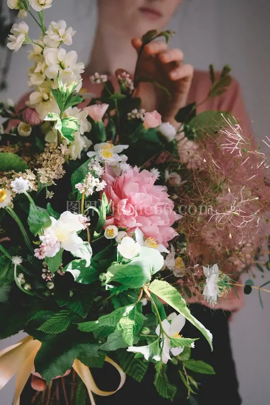 女子手握绿叶植物