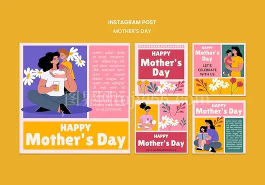手绘扁平母爱节Instagram模板