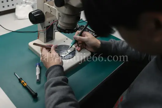 显微镜下精修电子板技术人员巧手
