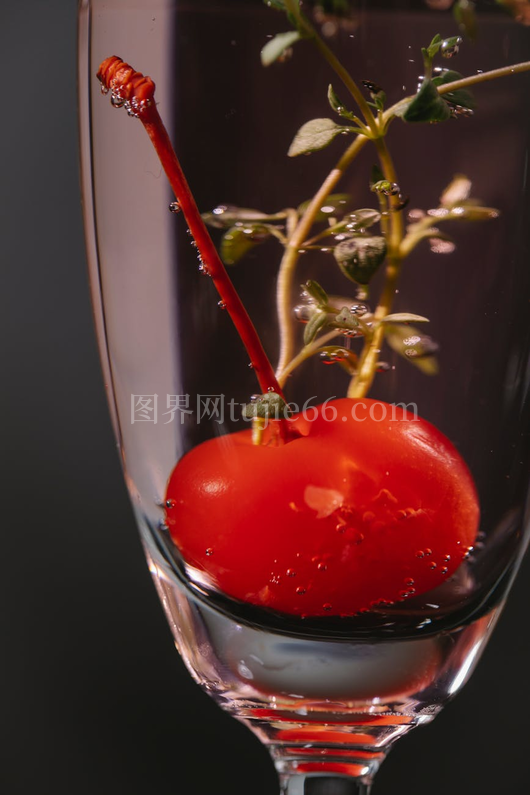 特写水晶酒杯盛红樱桃迷迭香鸡尾酒