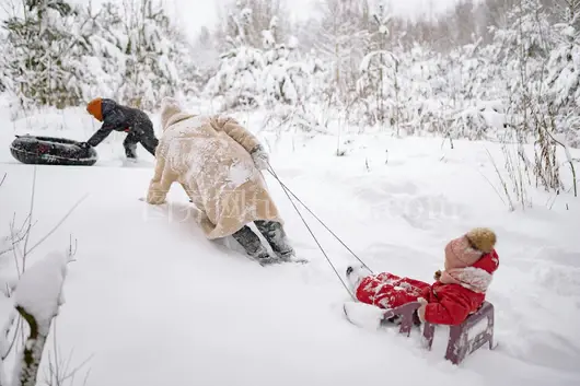 母爱雪景中滑雪嬉戏