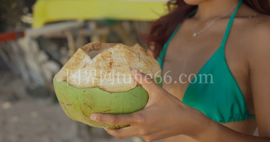 女士椰子中饮水自然景致