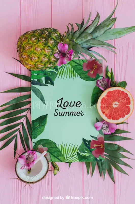 热带夏日树叶水果构图