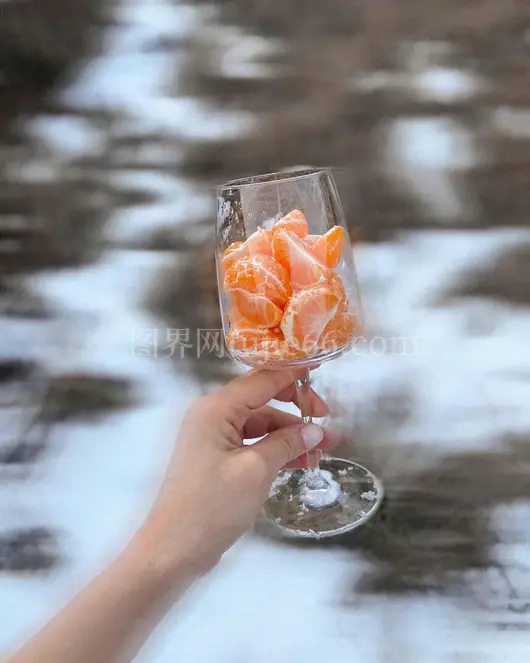 特写橘子片酒杯雪景
