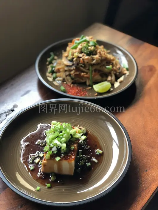 蓝盘上绿蔬佳肴