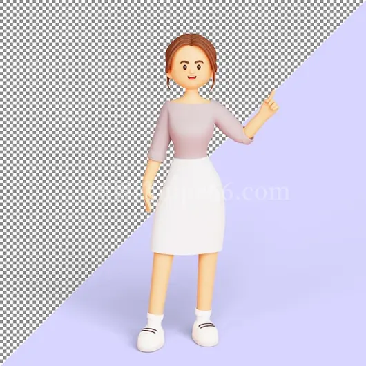 年轻女商人3D卡通插图，指向空白标志区