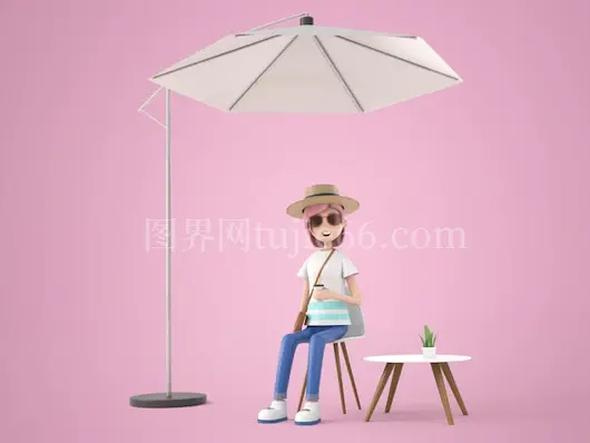 3D插画卡通美女海滩度假图
