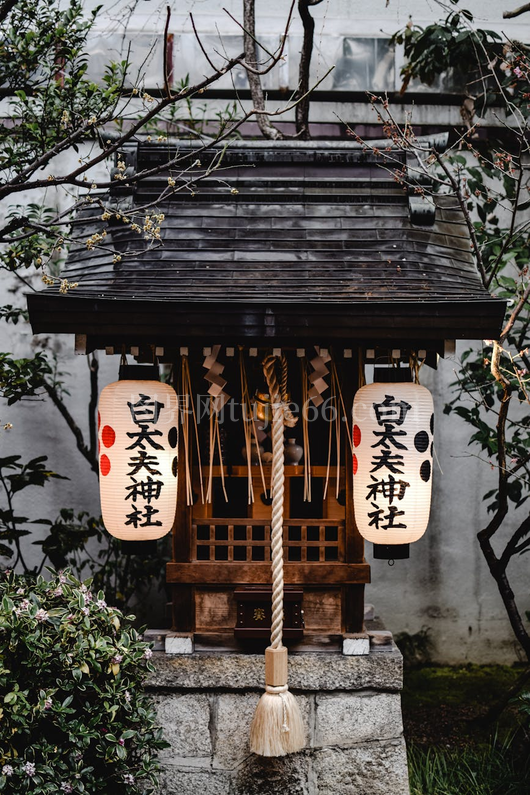 神社灯笼绳索细节映衬东京庭院宁静美