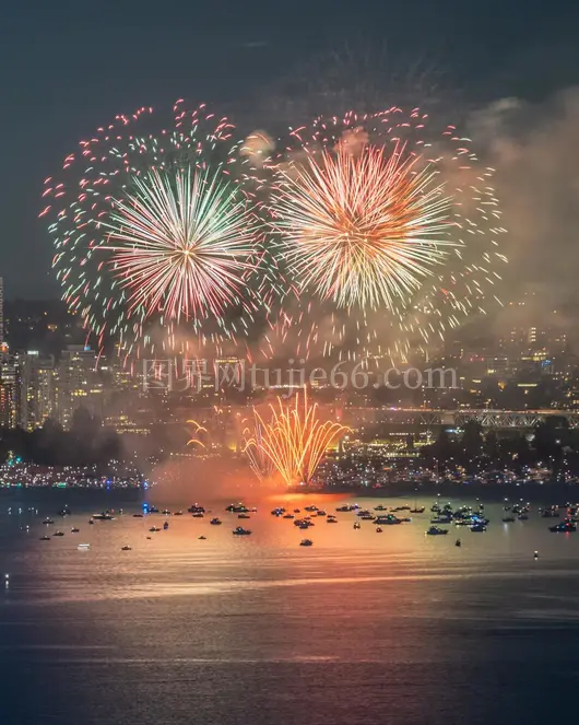 烟花映照夜空城市景观船只