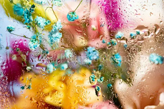 玻璃窗映多彩雨滴花艺新视界