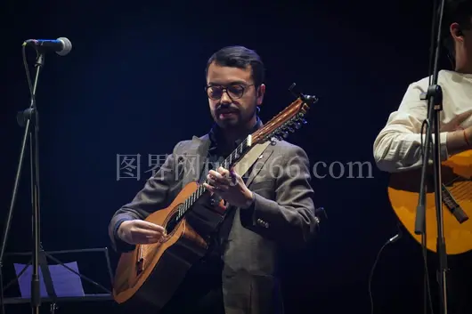 音乐家舞台弹民谣吉他麦克风秀