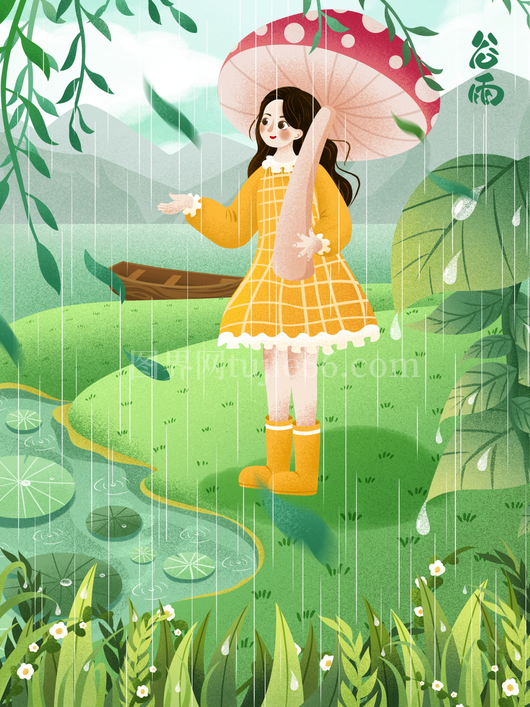 谷雨二十四节气插画海报背景 